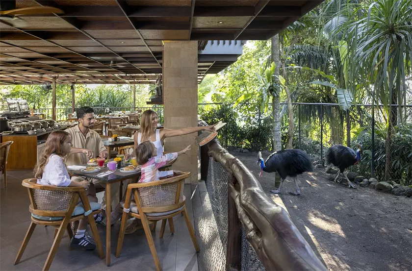 Family dining at the open-air Cassowary Restaurant, with two cassowaries beside the terrace
